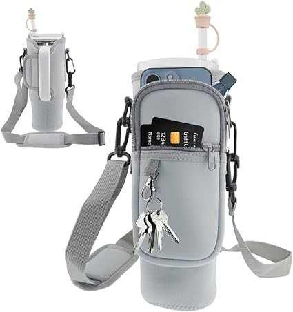 Stanley Cup Accessories: Bottle Tote Bag with Pocket, Designed for Stanley 40 oz Glass Tumbler, featuring Adjustable Shoulder Strap, Carabiner, and Straw Holder (gray)