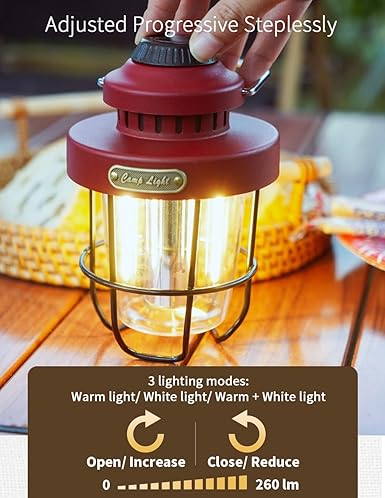Blinggo Camping Lantern Rechargeable Outdoor Retro Camping Light Metal, Dimmable Warm White Dual Light Source, Waterproof, for Hiking Fishing Tent Night Lamp (red)
