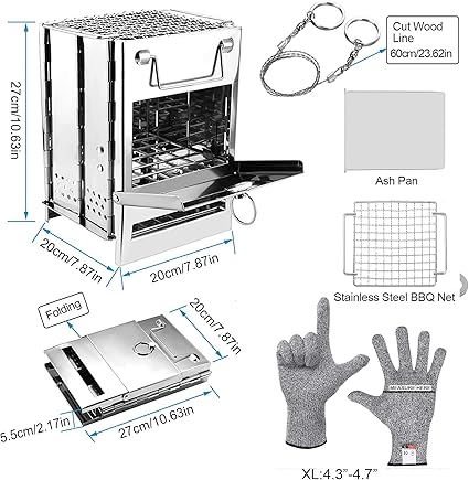 IS MUHE Wood Burning Camping Stove, Stainless Steel Folding Stainless Steel Camping Stove Grill, Portable Backpacking Stove for Hiking, Outdoor Cooking, Picnic and BBQ