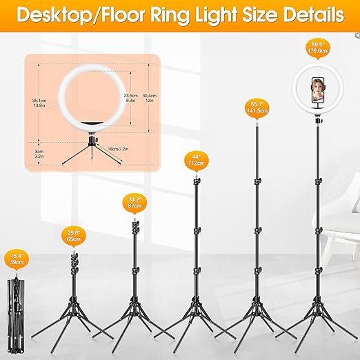 GerTong 12'' Ring Light with Tripod Stand & Phone Holder Tall 177cm, LED Professional Selfie Circle Ringlight with Remote for Makeup YouTube, Floor/Desk USB Halo Lamp with 40 RGB Modes 13 Brightness