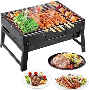 Barbeque Stand with Grill Durable Iron Construction, RF10358 - Foldable Barbecue Charcoal Grill, BBQ Charcoal Grills Folding Tabletop Kabab Smoker Grill for Outdoor Camping