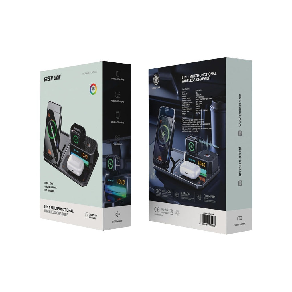 Green Lion 6 in 1 Multifunctional Wireless Charger - Black