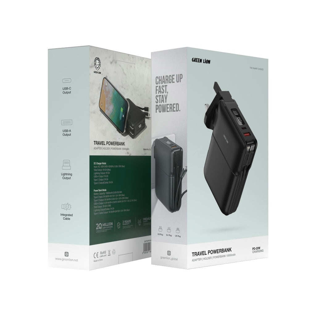 Green Lion Travel Power Bank 10000mAh / Adapter / Holder - Black