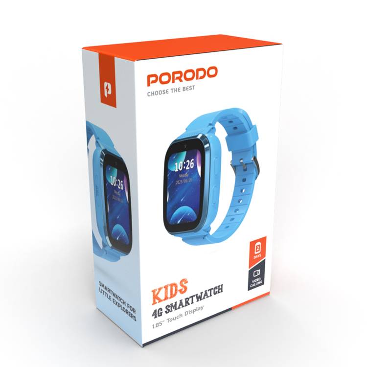 Porodo 4G Kids GPS 1.85 inches Smart Watch Junicare with Touch Display, 36 Hours Working Time, 3 Hours Charging Time, Video Calling - Blue