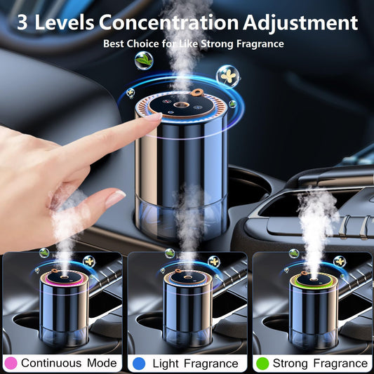 Car Diffuser Air Freshener with 2 Color Starry Light, Odor Eliminator, Smart Nano Mist Fragrance, Auto ON/OFF, Strong/Light Mode, Natural and Safe, Easy to Use, Black Matte Aluminum Alloy.