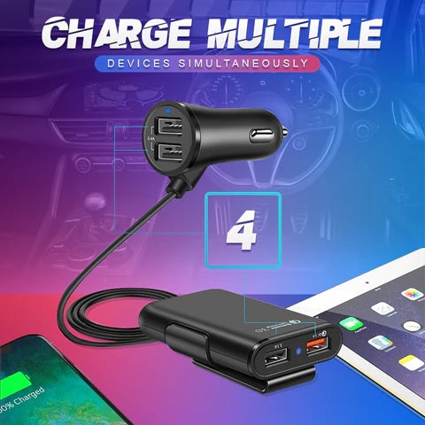 Extendable Four Ports Fast Car Charger - Black