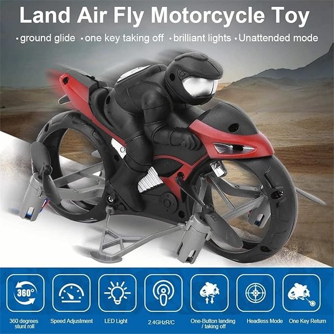 2-in-1 Flying RC Motorcycle with Camera, Drone – Remote Control Stunt Bike with LED Lights, 360° Spins, Land & Air Modes, HD Camera Option (Blue/Orange)