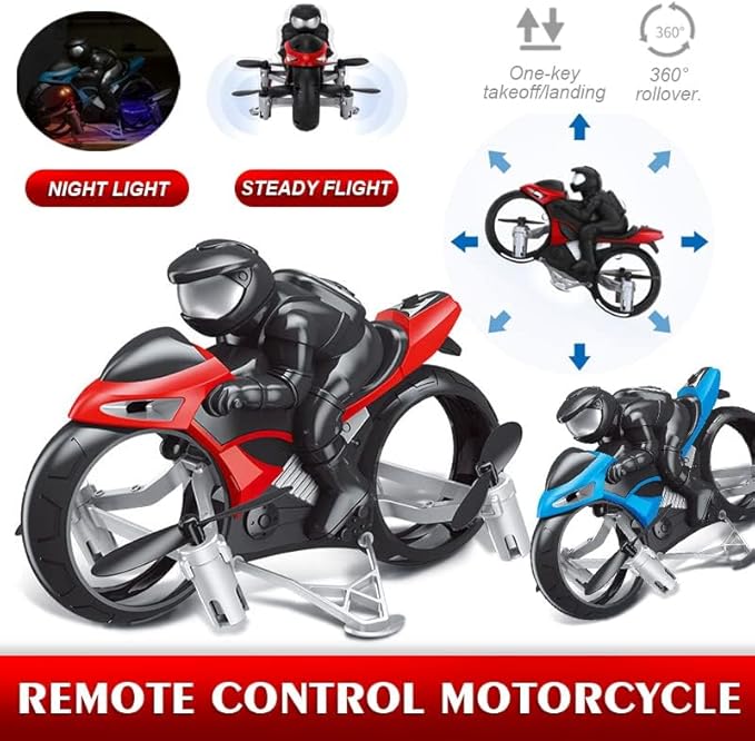 2-in-1 Flying RC Motorcycle with Camera, Drone – Remote Control Stunt Bike with LED Lights, 360° Spins, Land & Air Modes, HD Camera Option (Blue/Orange)